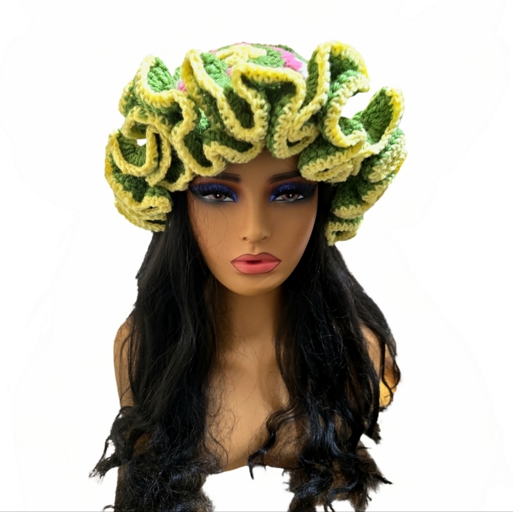 Handmade Crochet Granny Squares Ruffle Hat
